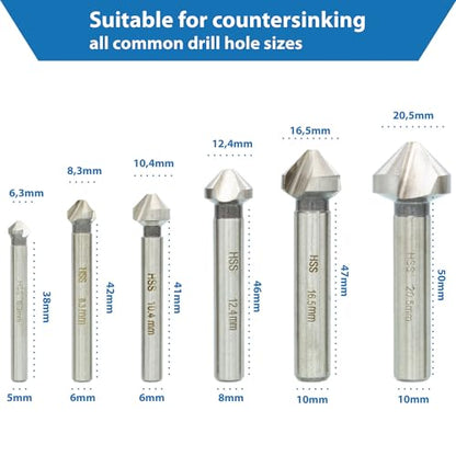 TJR® Countersink 90° set of 6 pieces 1/4", 1/3", 2/5", 1/2", 2/3", 4/5" HSS (4241) Coated, for chamfering