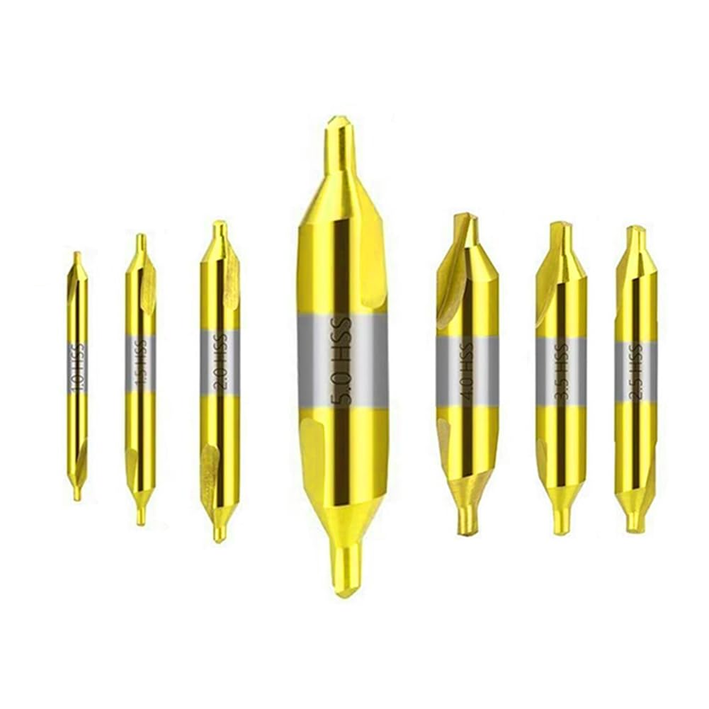 TJR© Set of 7pcs TiN Coated Center Drills - 1mm, 1.5mm, 2mm, 2.5mm, 3mm, 4mm, 5mm - High-Speed Steel (HSS) Precision Drilling Tool Kit