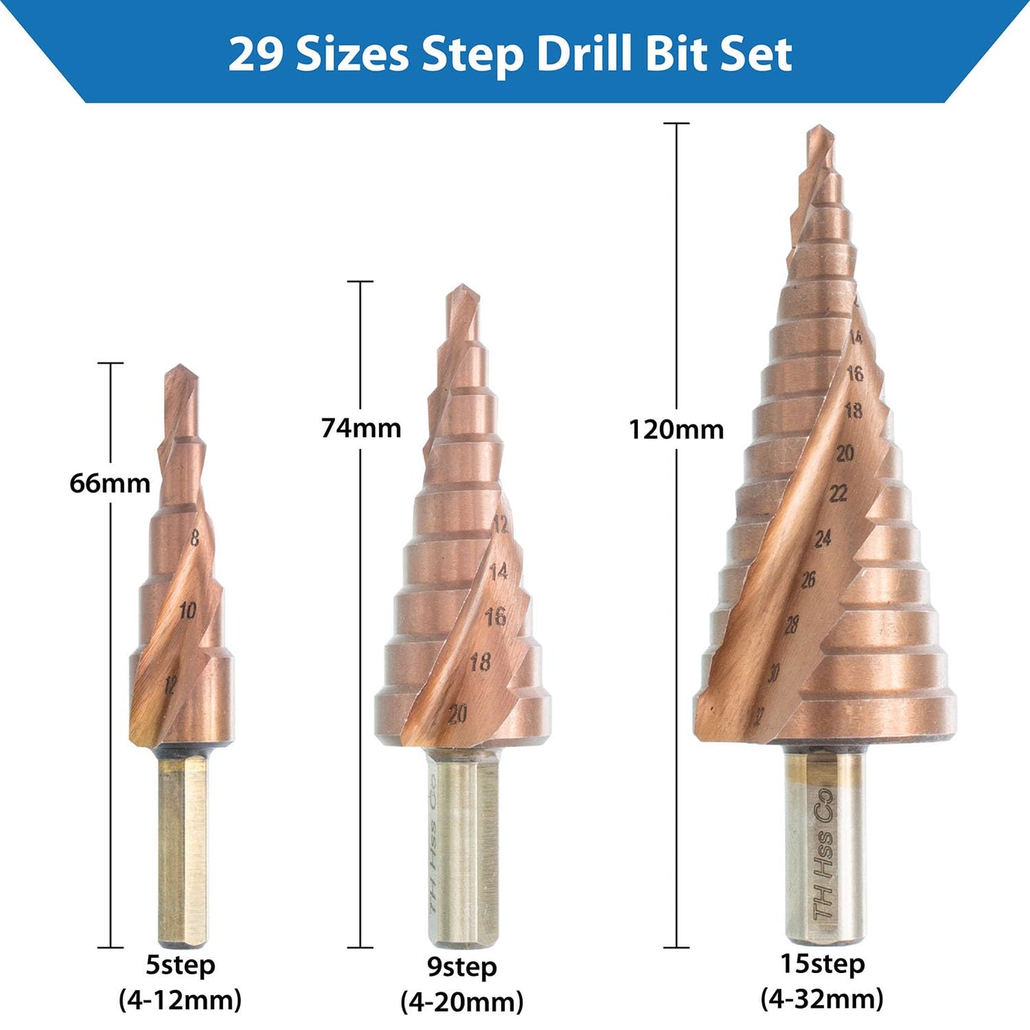 TJR® HSS-E M35 Cobalt Step Drill Bit Set, 3 Pcs, 2-fluted Spiral Grooved with 29 Step (4-32mm) Sizes Total for Faster Drilling in Stainless Steel, Alloy steel, Non-ferrous metals, Wood, Plastics