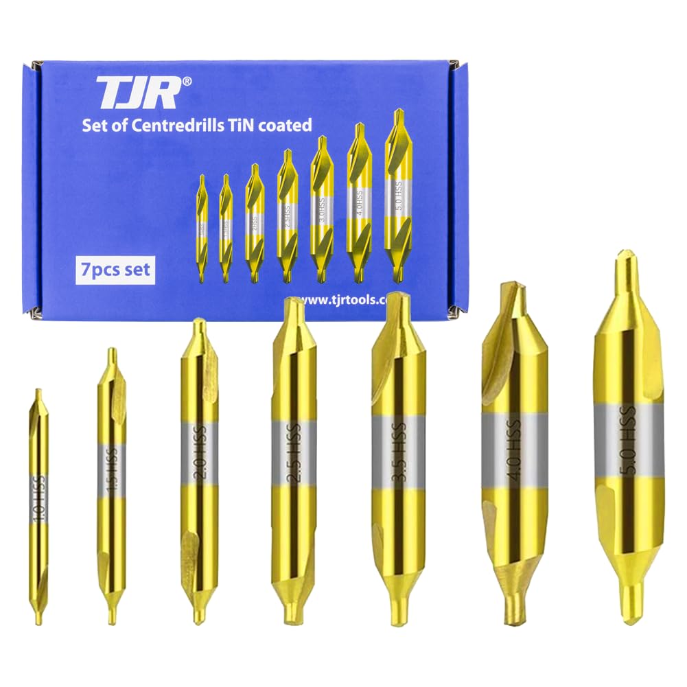 TJR© Set of 7pcs TiN Coated Center Drills - 1mm, 1.5mm, 2mm, 2.5mm, 3mm, 4mm, 5mm - High-Speed Steel (HSS) Precision Drilling Tool Kit