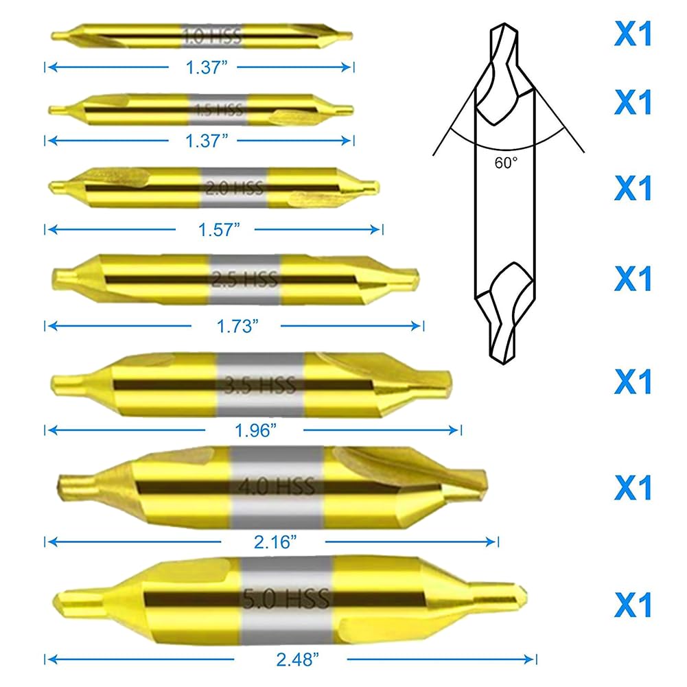 TJR© Set of 7pcs TiN Coated Center Drills - 1mm, 1.5mm, 2mm, 2.5mm, 3mm, 4mm, 5mm - High-Speed Steel (HSS) Precision Drilling Tool Kit