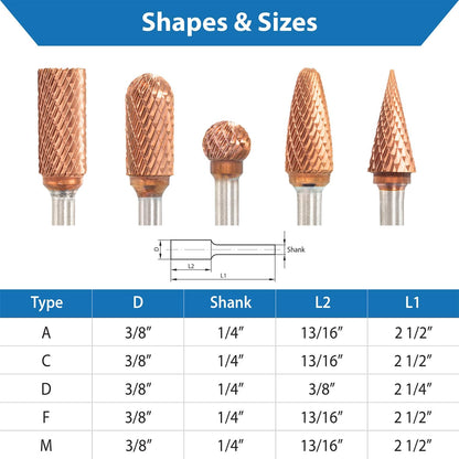 TJR® 3/8" head Carbide Burrs Set with 1/4" Shank 5pcs and ULTRACo Coating - Double Cut. For Steel, Stainless Steel, Hardened steel, and Aluminum, Wood