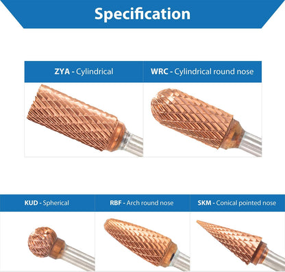 TJR® 3/8" head Carbide Burrs Set with 1/4" Shank 5pcs and ULTRACo Coating - Double Cut. For Steel, Stainless Steel, Hardened steel, and Aluminum, Wood