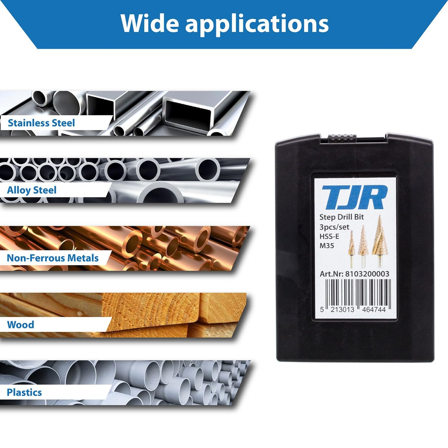 TJR® HSS-E M35 Cobalt Step Drill Bit Set, 3 Pcs, 2-fluted Spiral Grooved with 29 Step (4-32mm) Sizes Total for Faster Drilling in Stainless Steel, Alloy steel, Non-ferrous metals, Wood, Plastics