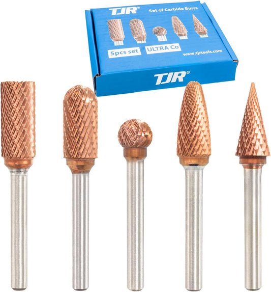 TJR® 3/8" head Carbide Burrs Set with 1/4" Shank 5pcs and ULTRACo Coating - Double Cut. For Steel, Stainless Steel, Hardened steel, and Aluminum, Wood