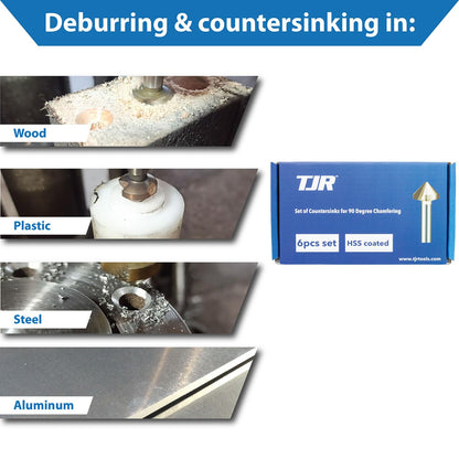 TJR® Countersink 90° set of 6 pieces 1/4", 1/3", 2/5", 1/2", 2/3", 4/5" HSS (4241) Coated, for chamfering