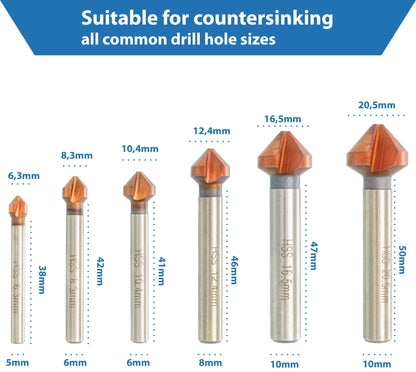 TJR® Countersink 90° set of 6 pieces 1/4", 1/3", 2/5", 1/2", 2/3", 4/5" HSS (4241) Coated, for chamfering