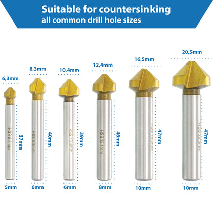 TJR® Countersink 90° Diameter 6.3-20.5 mm Made of HSS Steel with TiN Coating - Really Sharp - Countersink and Deburring Set for Wood, Metal and Plastic in Practical Storage Box