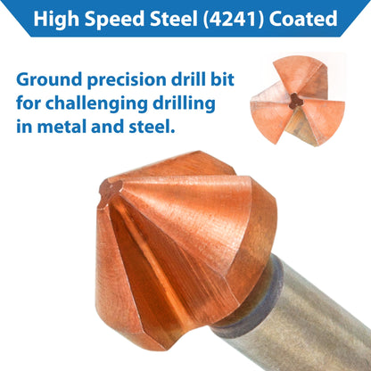 TJR® Countersink 90° set of 6 pieces 1/4", 1/3", 2/5", 1/2", 2/3", 4/5" HSS (4241) Coated, for chamfering