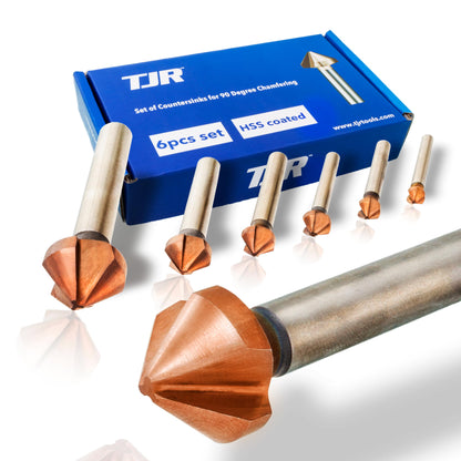 TJR® Countersink 90° set of 6 pieces 1/4", 1/3", 2/5", 1/2", 2/3", 4/5" HSS (4241) Coated, for chamfering