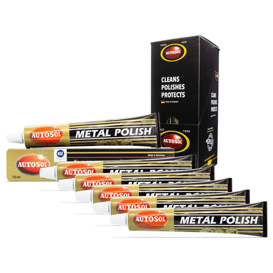 Autosol Metal Polish Pack de 6 x 75 ml - Pulidor de latón cromado multiusos que restaura el brillo y evita el deslustre - Removedor de deslustre de esmalte de acero inoxidable - Compuesto de pulido de metales sin residuos