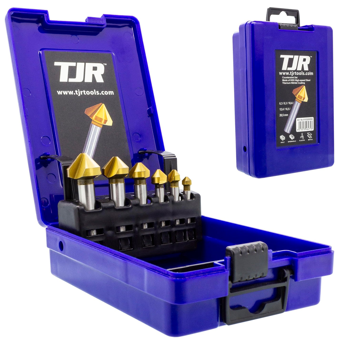 TJR® Countersink 90° Diameter 6.3-20.5 mm Made of HSS Steel with TiN Coating - Really Sharp - Countersink and Deburring Set for Wood, Metal and Plastic in Practical Storage Box