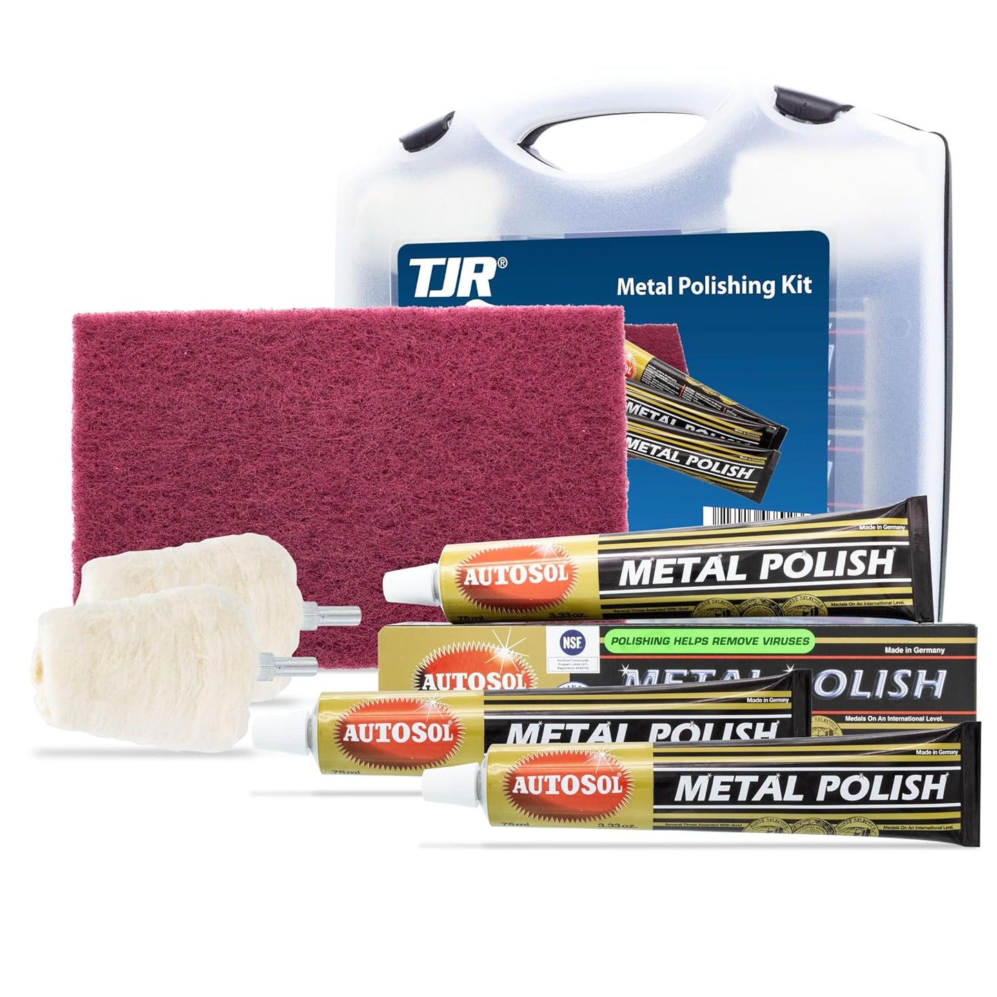 TJR® Polishing Kit – 3-Piece Polishing Paste with Abrasive Scuffing Pad, 2-Piece Polishing Mops – Metal Polish Compatible with Stainless Steel, Brass – Aluminum Polishing Kit Removes Small Scratches